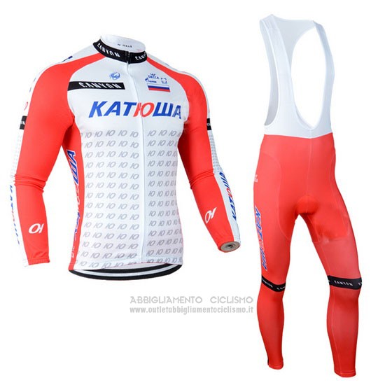 2014 Abbigliamento Ciclismo Katusha Bianco e Rosso Manica Lunga e Salopette